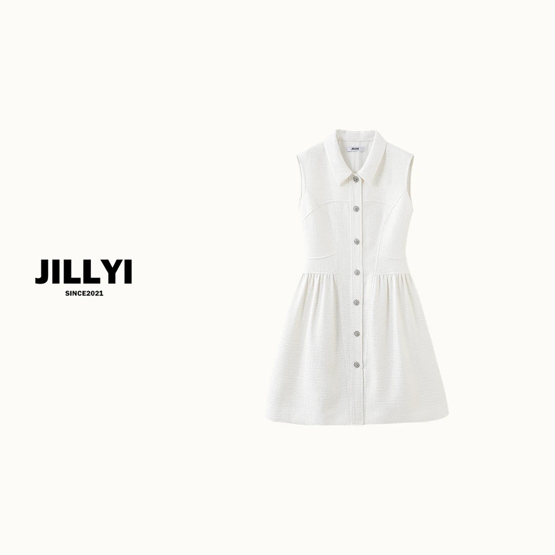 jillyi【 巴黎月光】奶杏色连衣裙小香风气质白色时尚女士夏季无袖
