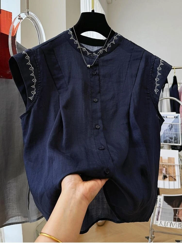 高级感独特漂亮无袖衬衫女重工刺绣外穿马甲背心时尚显瘦气质小衫