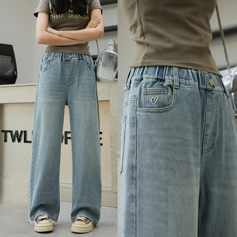 女童牛仔裤中大童2025新款洋气休闲直筒裤女孩春款百搭韩版长裤潮