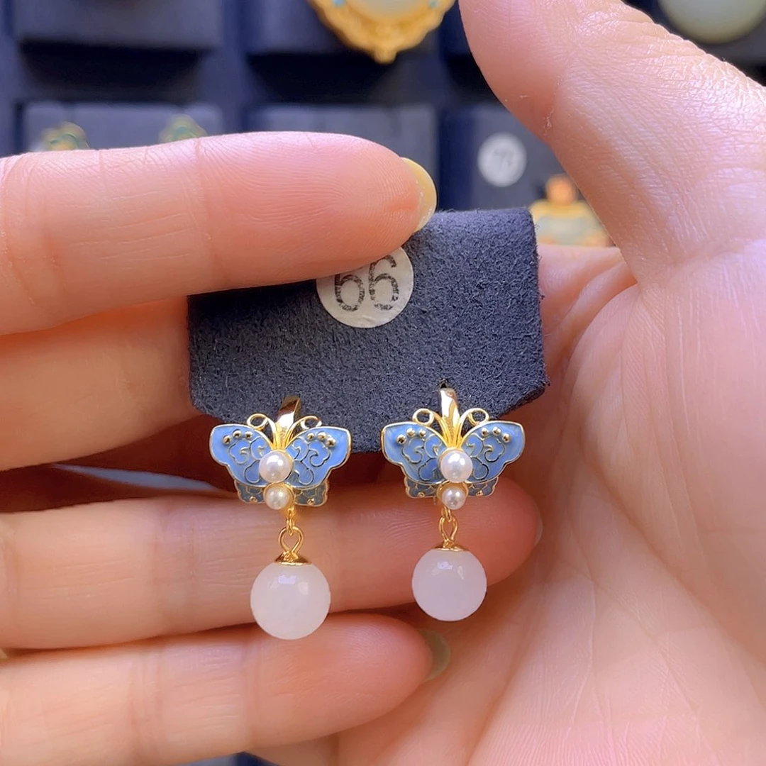 和田玉耳饰银S925镀金镶嵌