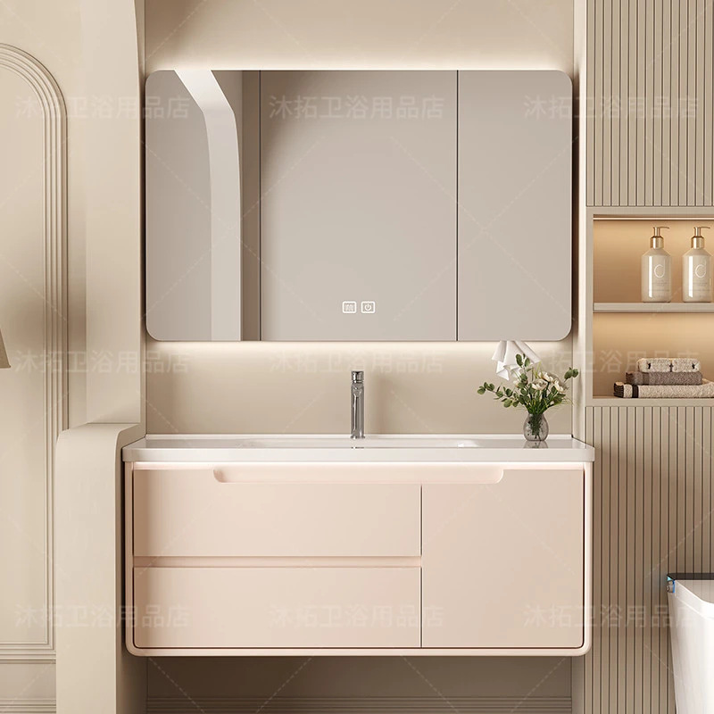 轻奢实木洗手池浴室组合陶瓷卫生间洗漱台组合洗脸柜一体盆