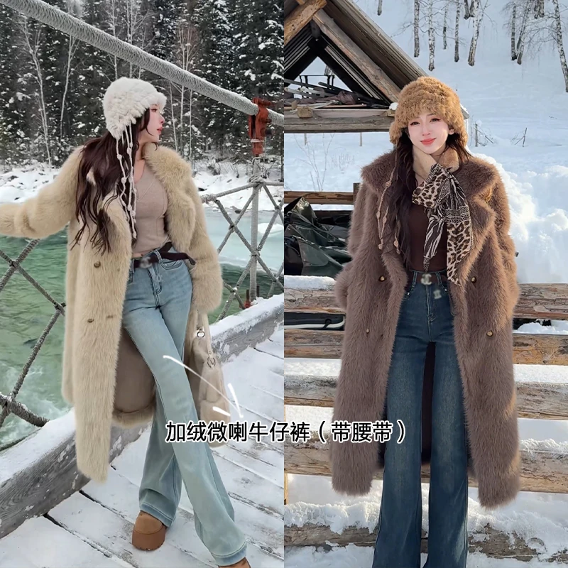 小雨姐姐【长腿搭档】时尚高腰弹力显瘦加绒微喇叭牛仔裤加绒感腰带