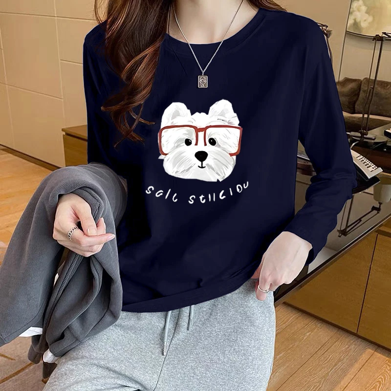 藏青色长袖t恤女2025年秋冬新款纯棉体恤修身百搭打底衫内搭上衣