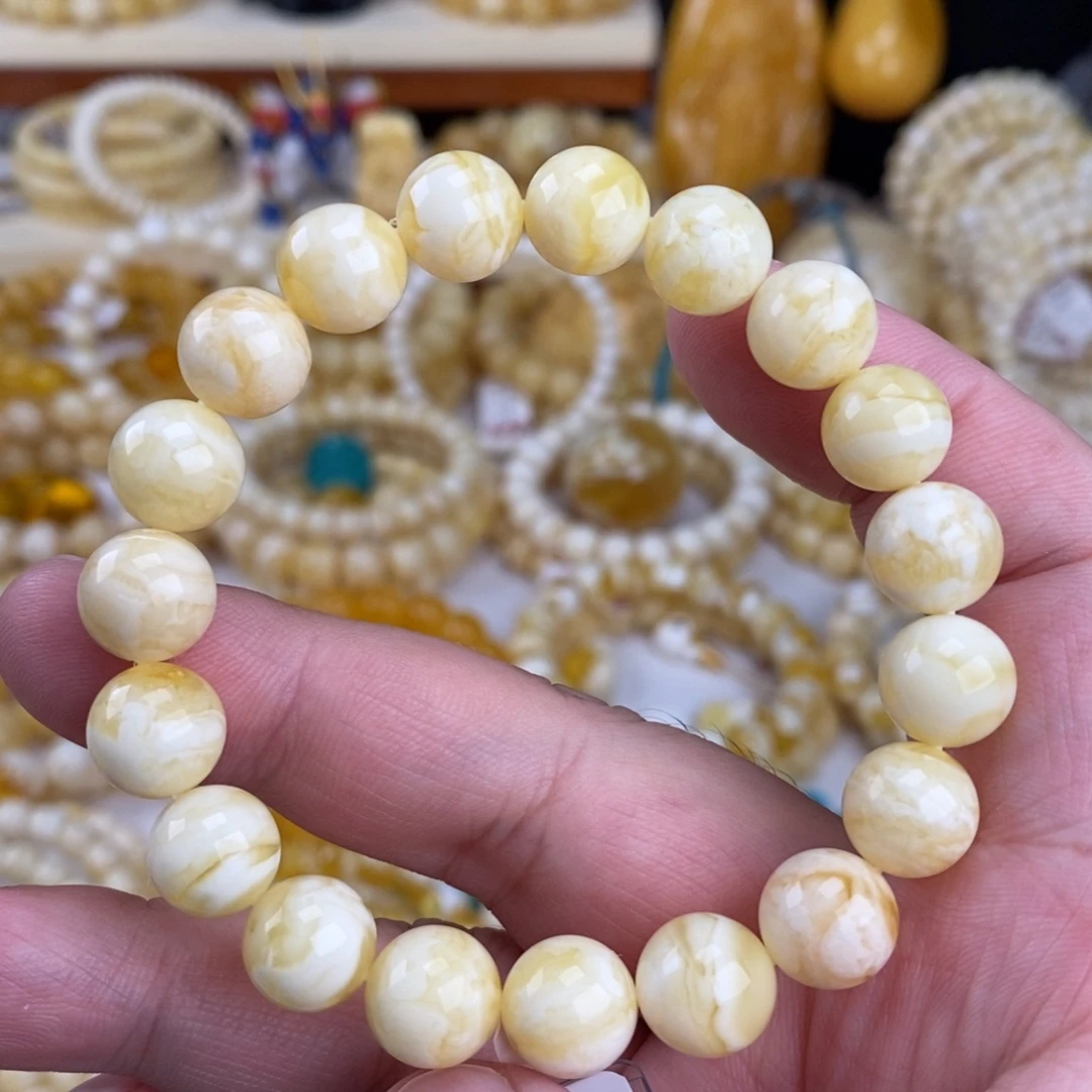 手链蜜蜡未镶嵌瓷白白底虎皮纹10.8mm圆珠