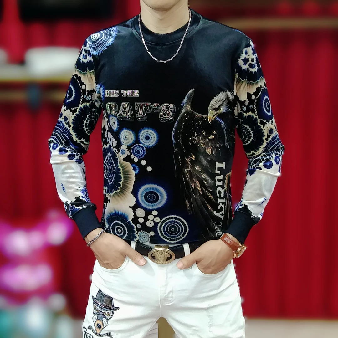 新款秋季男士休闲时尚老鹰烫钻圆领T恤潮流修身帅气丝绒长袖卫衣