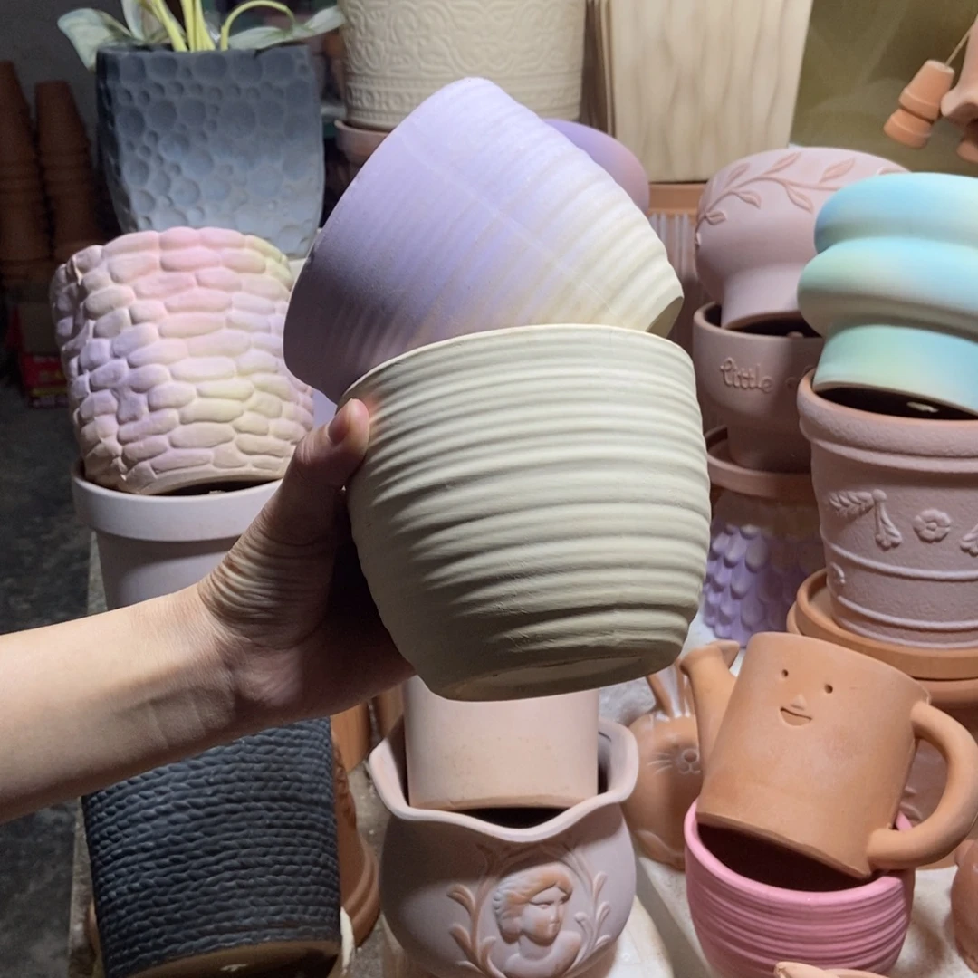 12×10拉丝盆 白+紫 粗陶2个