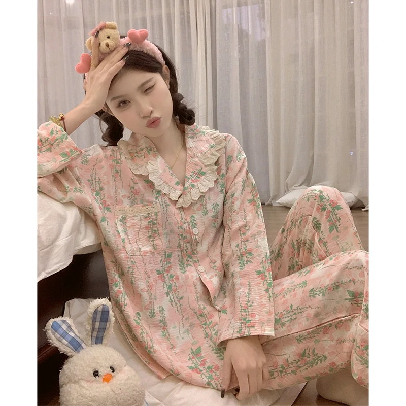 睡衣女士春秋季薄款长袖云朵棉可爱外出家居服网红爆款公主风花朵