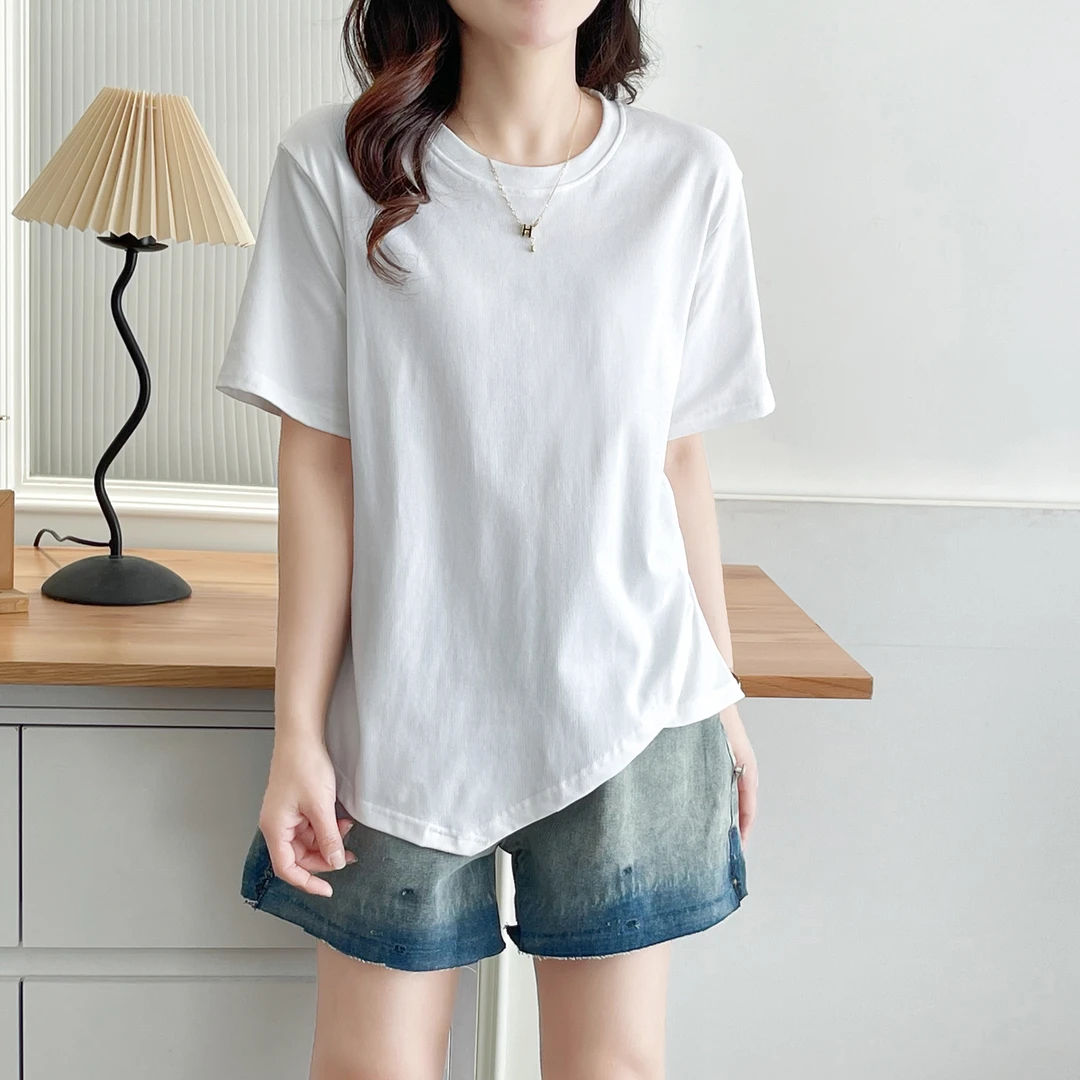 【菱形下摆】纯色不对称通勤常规短袖抗皱T恤百搭时尚半袖薄款夏装