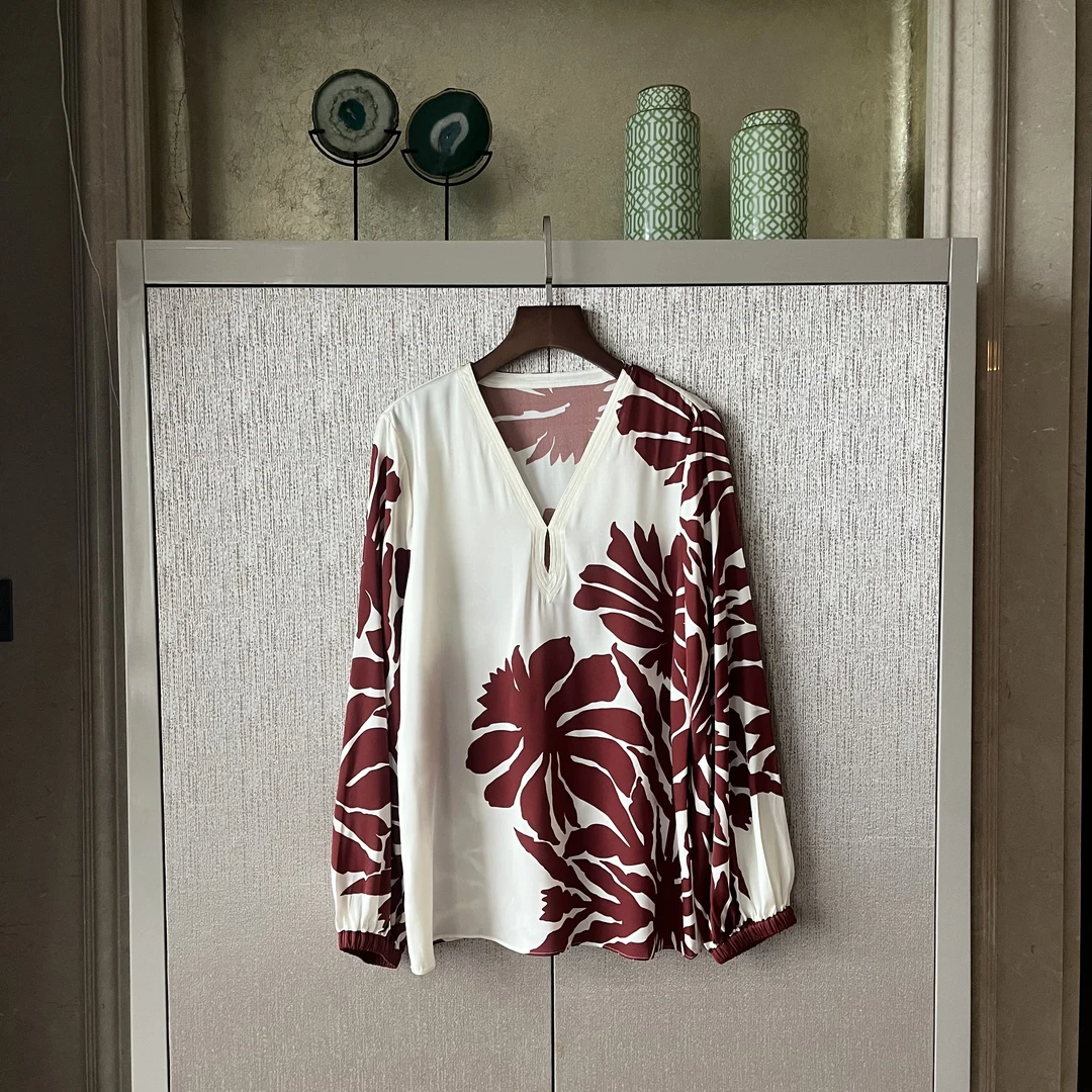 桑蚕丝氨纶衬衫气质复古休闲百搭V领长袖