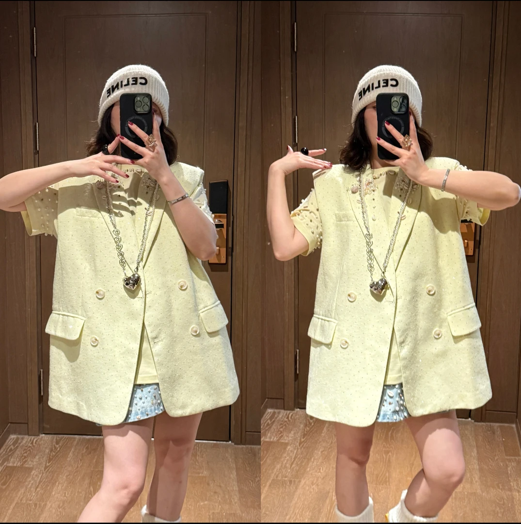 YDFSTUDIO小众【奢侈小姐】欧货重工钉珠贝壳扣烫钻设计西装马夹