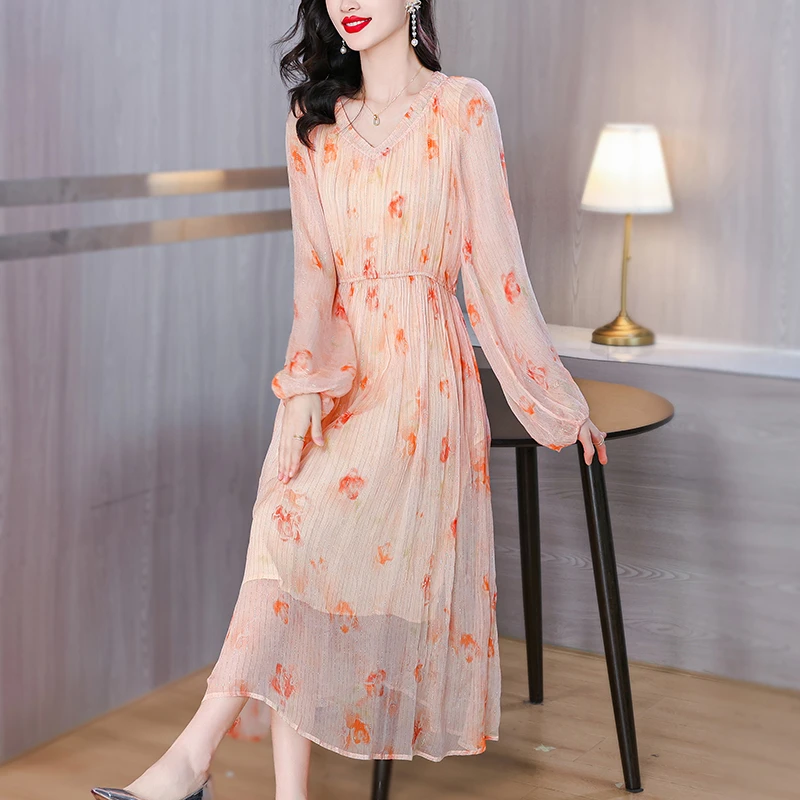 （加州日落）夏季琉璃双绉丝收腰长裙 V领扎染印花显瘦高腰连衣裙
