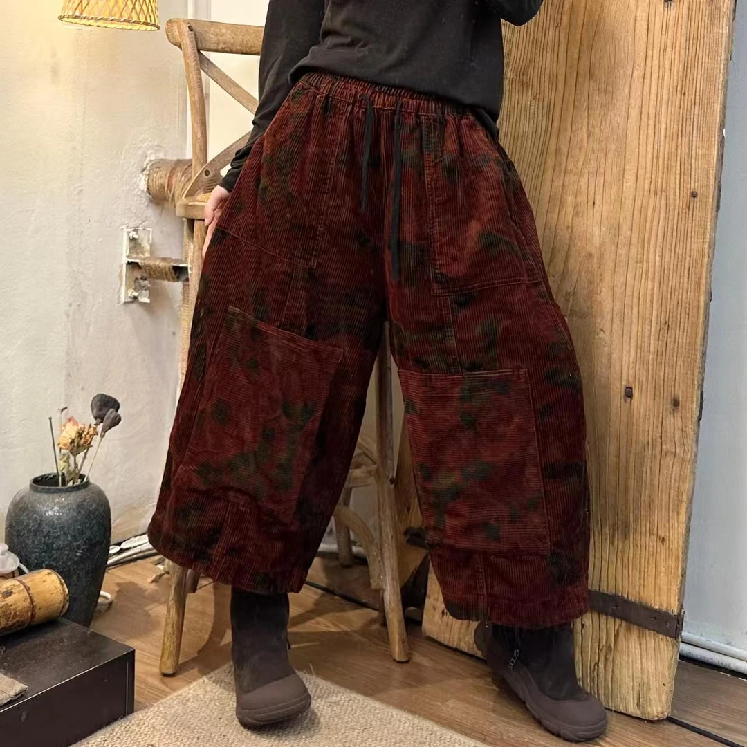 炒色做旧灯芯绒印花拼接灯笼裤八分靴裤腰围110臀围134裤长81