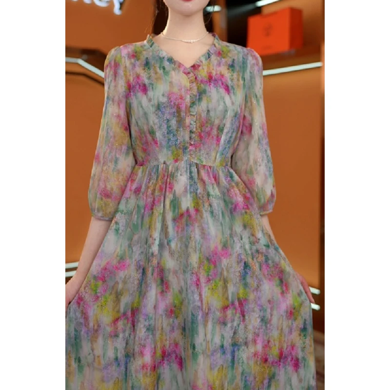 2025夏新款时尚洋气高级感休闲减龄系带收腰印花连衣裙