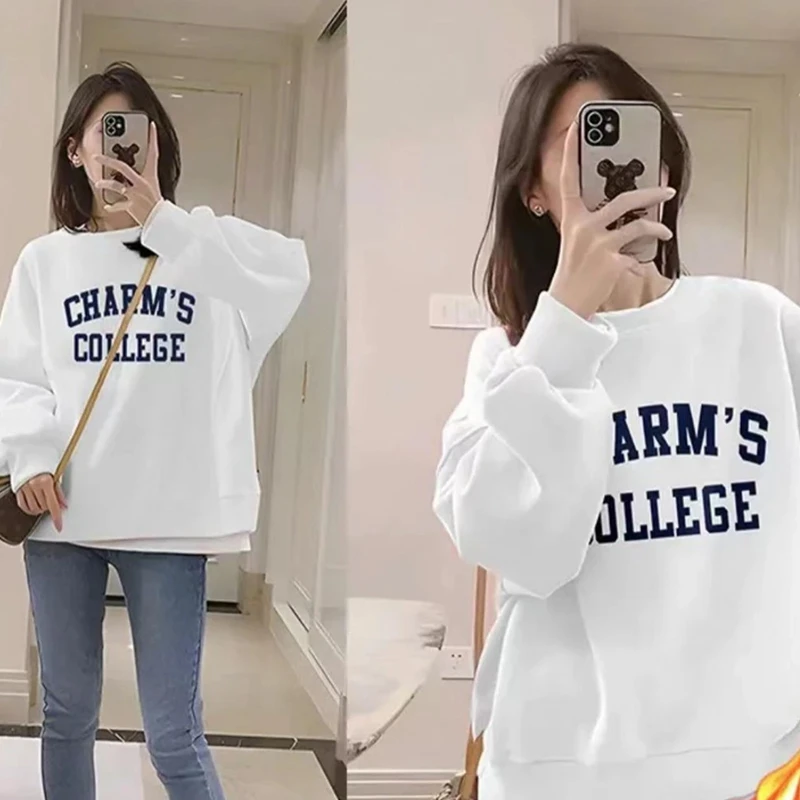 圆领卫衣春季女士圆领卫衣套头男女白色百搭