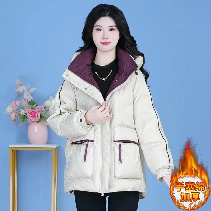 韩版加厚保暖连帽棉服女2025冬季新款设计感撞色宽松休闲显瘦外套