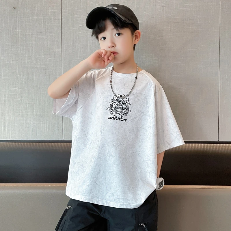 男童t恤短袖2025新款儿童帅气衣服中大童夏季上衣男孩白色体恤潮