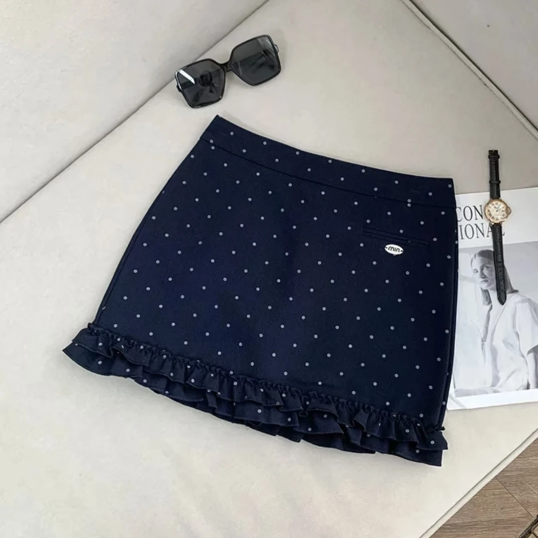 蓝色波点印花木耳半身裙女春夏季时尚高腰拼接包臀A字防走光裙子