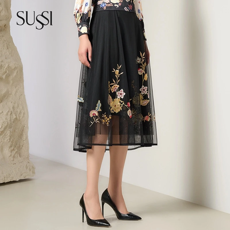 SUSSI/古色古色秋季新品黑色百搭网纱刺绣半身裙伞裙A字裙女