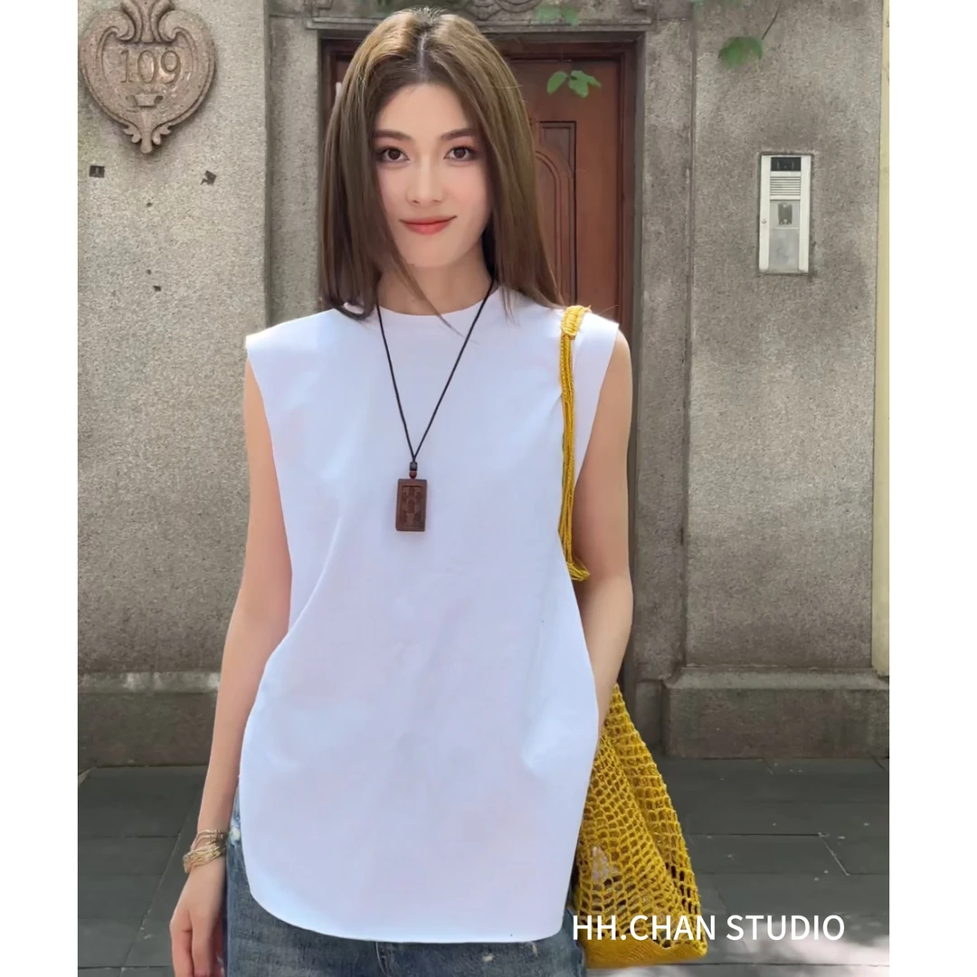 HH.CHAN“漂亮坎肩”100%棉设计款开叉白色无袖背心HH52E35978