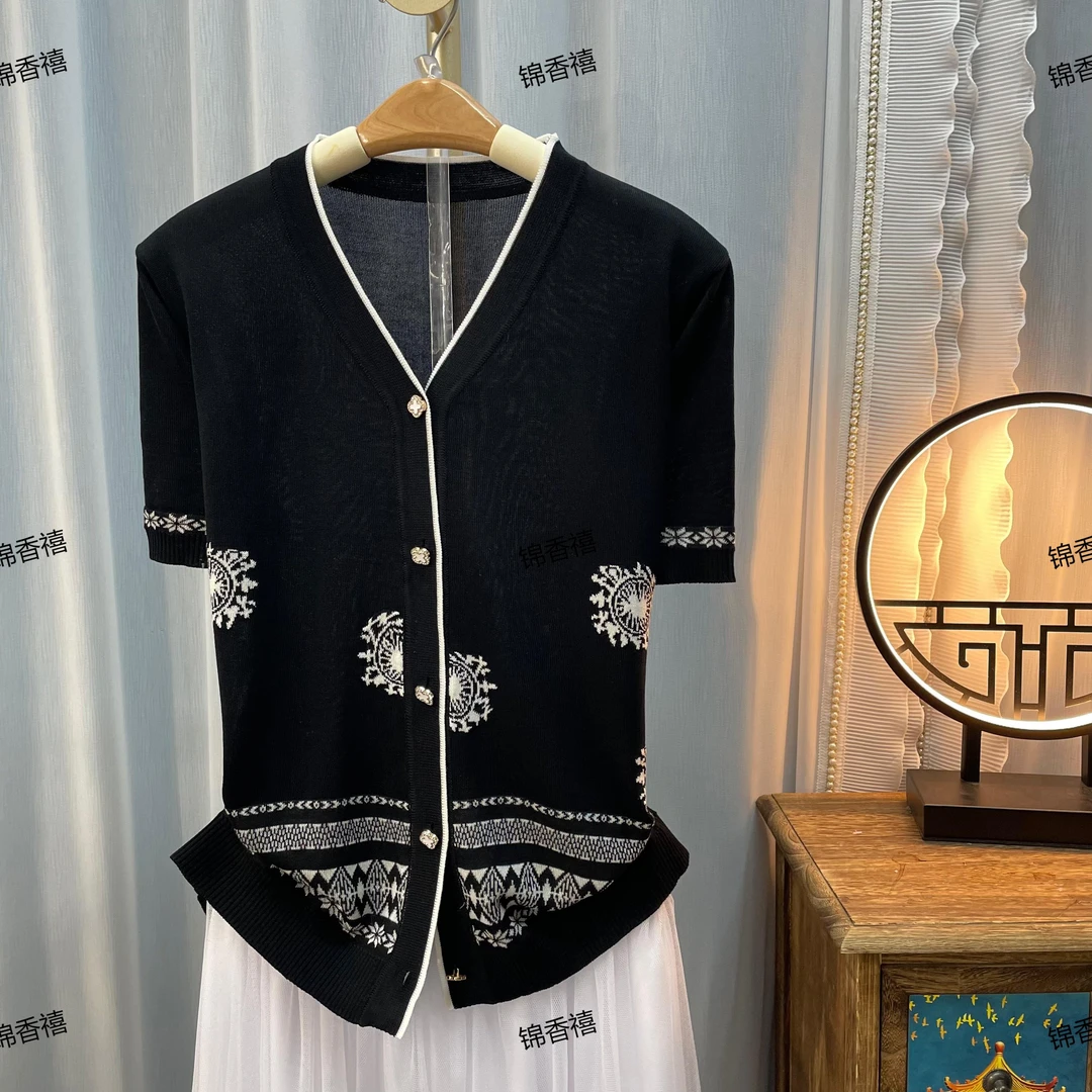 【V800-黑森林】短袖针织开衫女2025年夏季新款设计感上衣