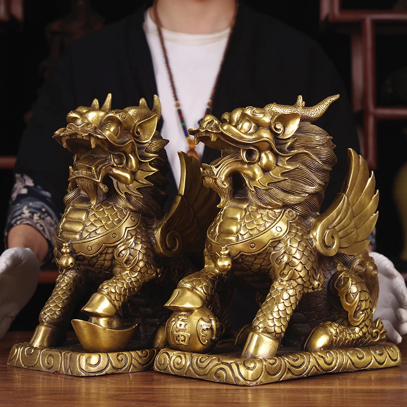 纯铜全铜麒麟摆件一对家居玄关送子开业办公室其林工艺品