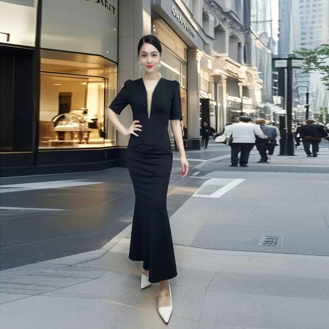 夏季名媛风修身显瘦鱼尾包臀显身材气质鱼尾连衣裙