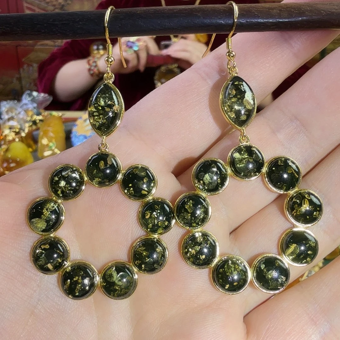 琥珀银S925镀金镶嵌耳环