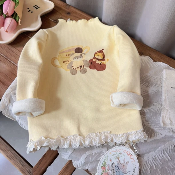 7seven 25冬 7254女童黄色卡通半高领加绒打底衫内搭上衣