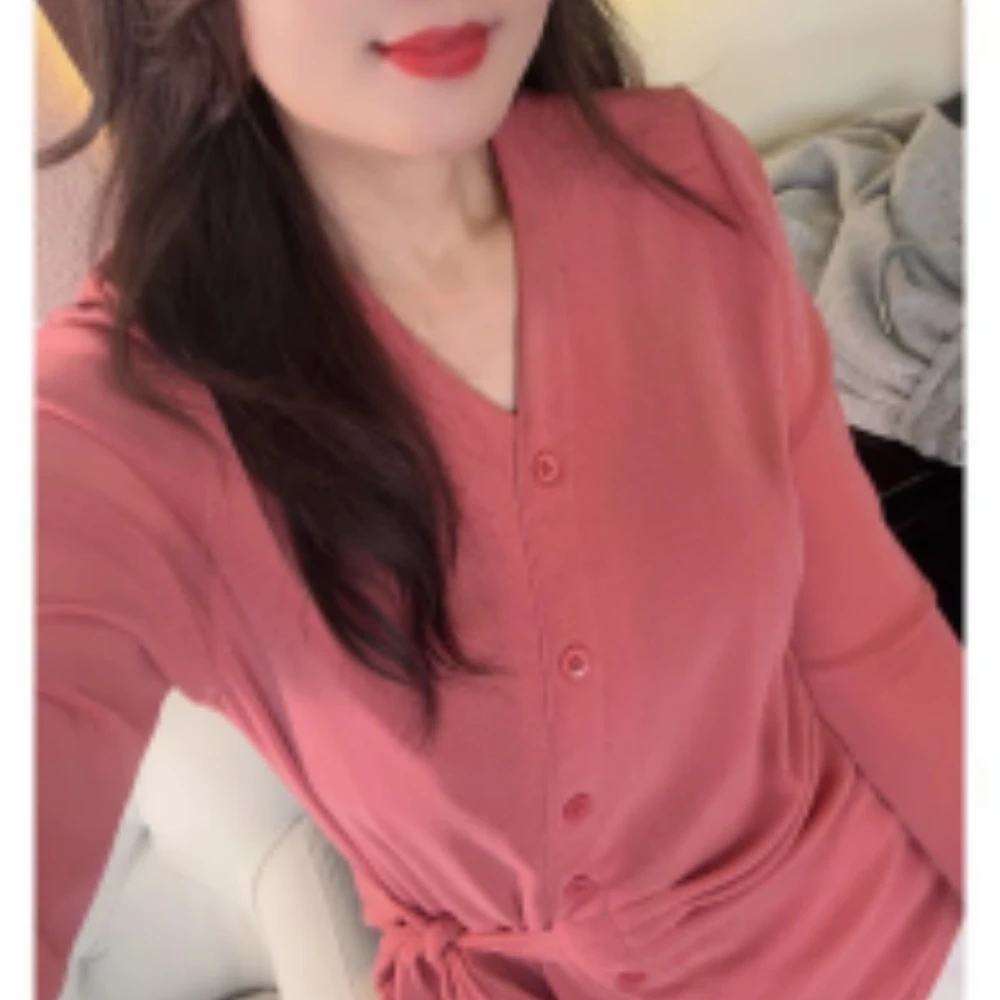 2025秋季新款爆款纯色弹力网纱T恤百搭修身系带长袖纽扣洋气小衫