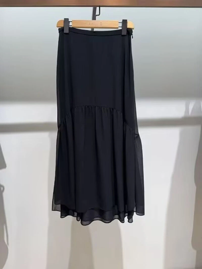 小禾纯原夏季新款女装真丝乔其长款半身裙显瘦百搭半裙黑色裙子