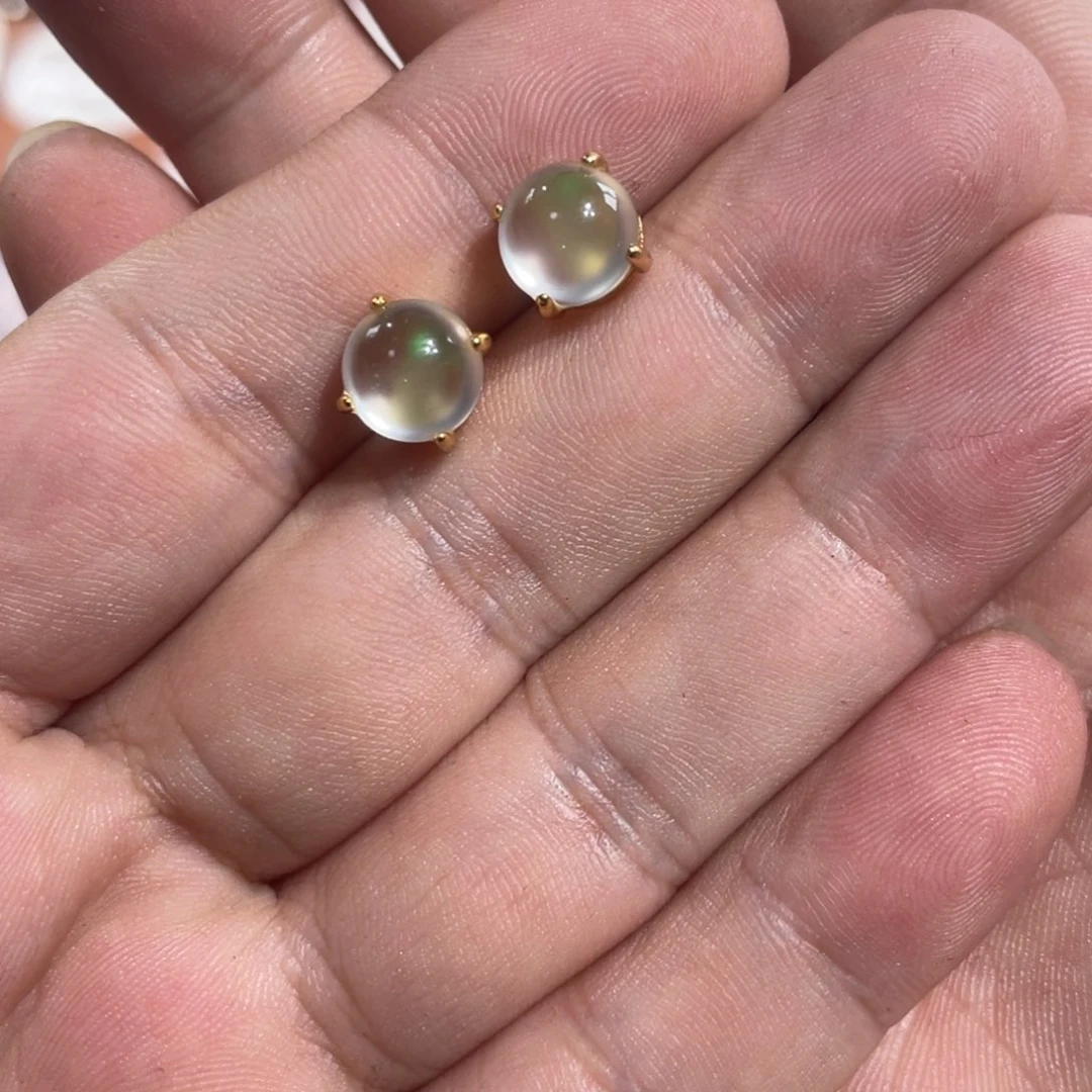 石英质玉银S925镶嵌蛋面耳钉