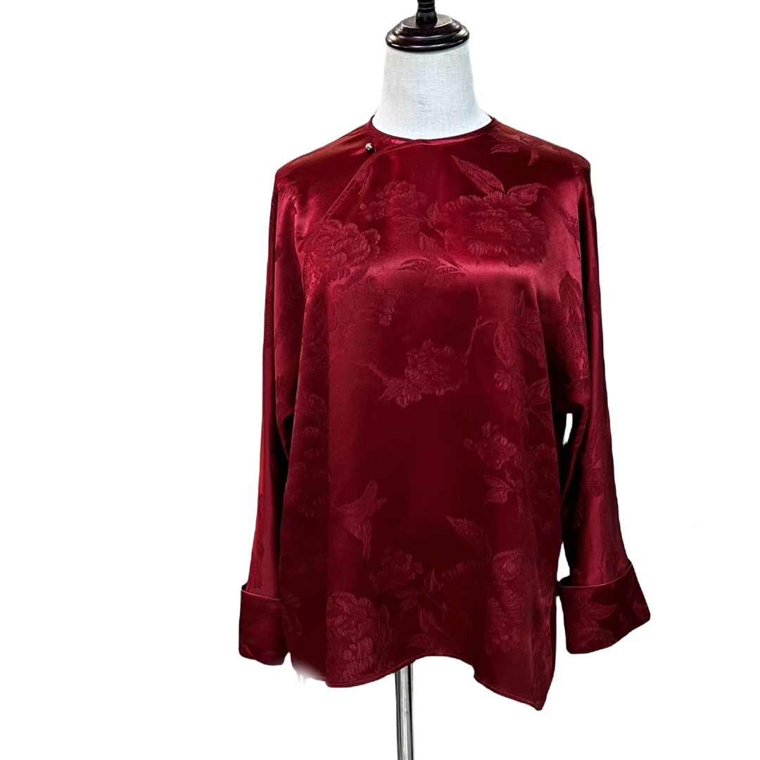 【禧禧家定制】桑蚕丝冠乐绉二月红新中式小衫L23002