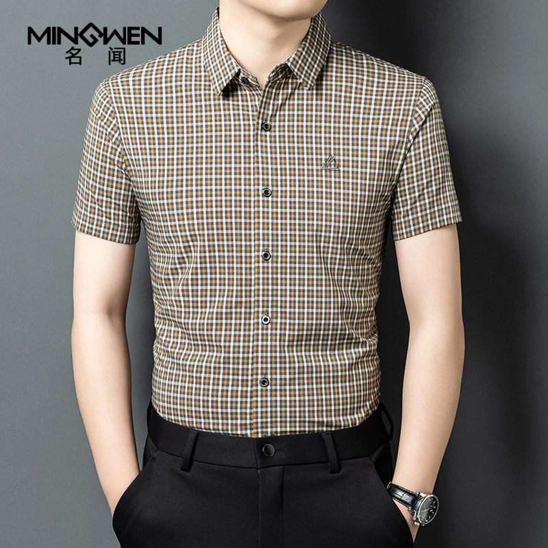 细格子短袖衬衫男夏季薄时尚潮流高级感痞帅印花衬衣宽松休闲上衣