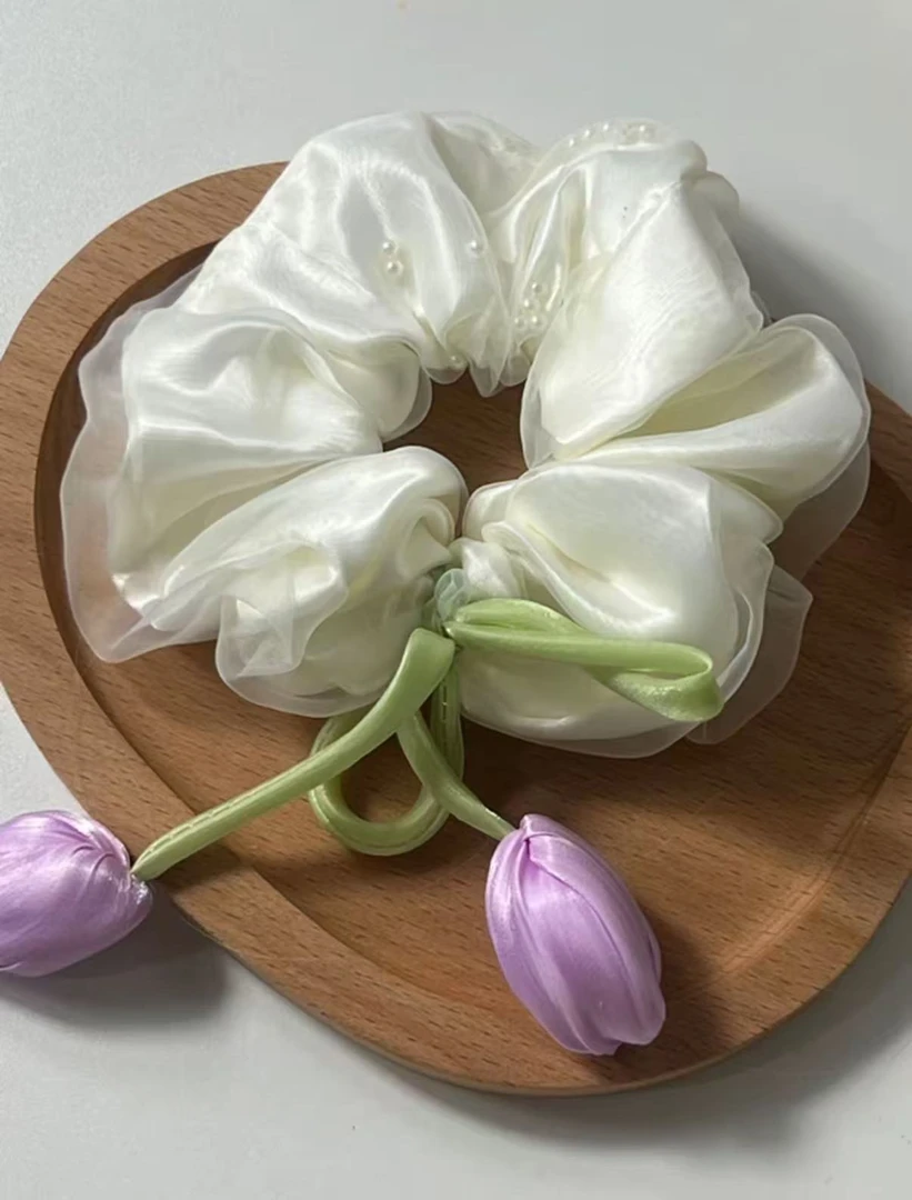 珠珠泡泡纱郁金香点缀米白色大肠圈发饰发圈韩系可爱系