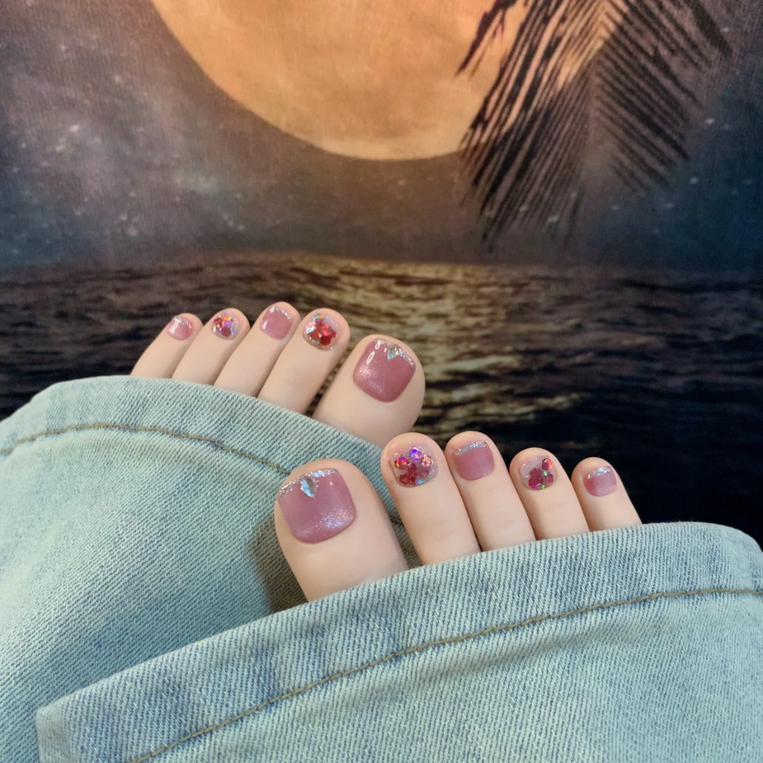 50E（12片纯手工脚趾甲)淡粉猫眼亮片小钻牢固重复用显白穿戴脚甲