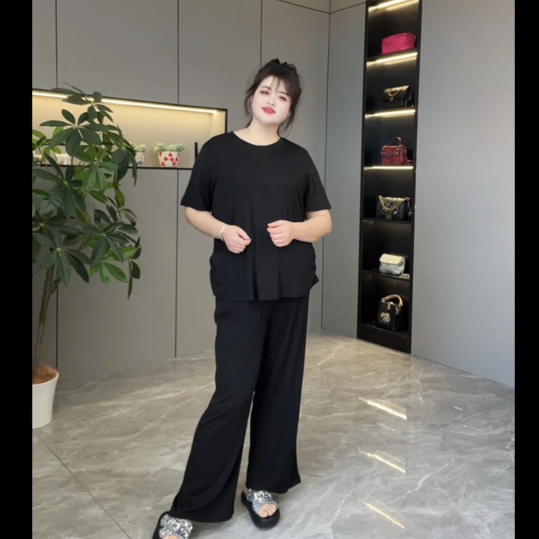 2025春夏新款休闲套装女宽松时尚遮肉显瘦上衣➕阔腿裤两件套2843
