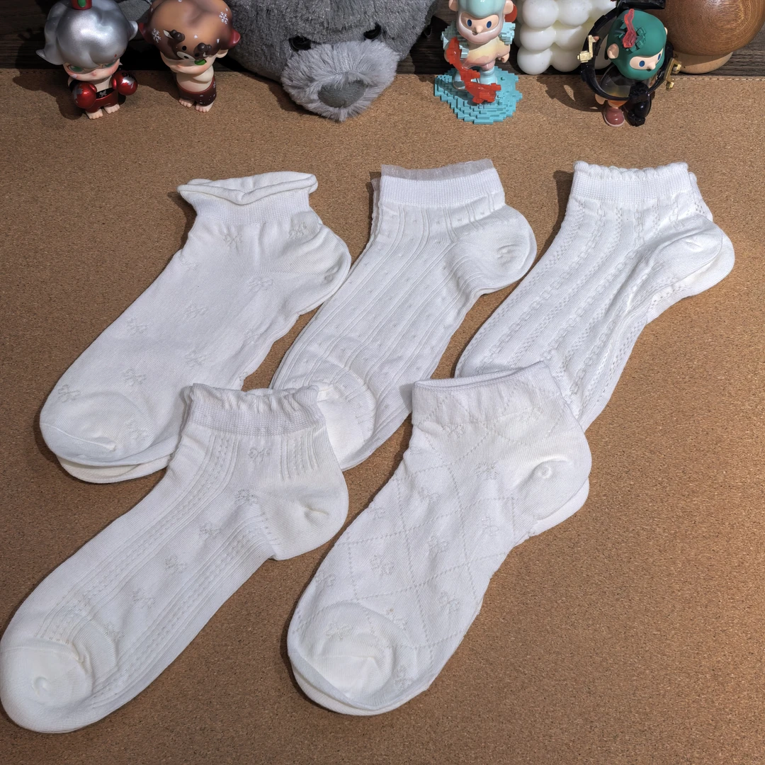 WZ073春夏女士纯白镂空短袜五双装包邮