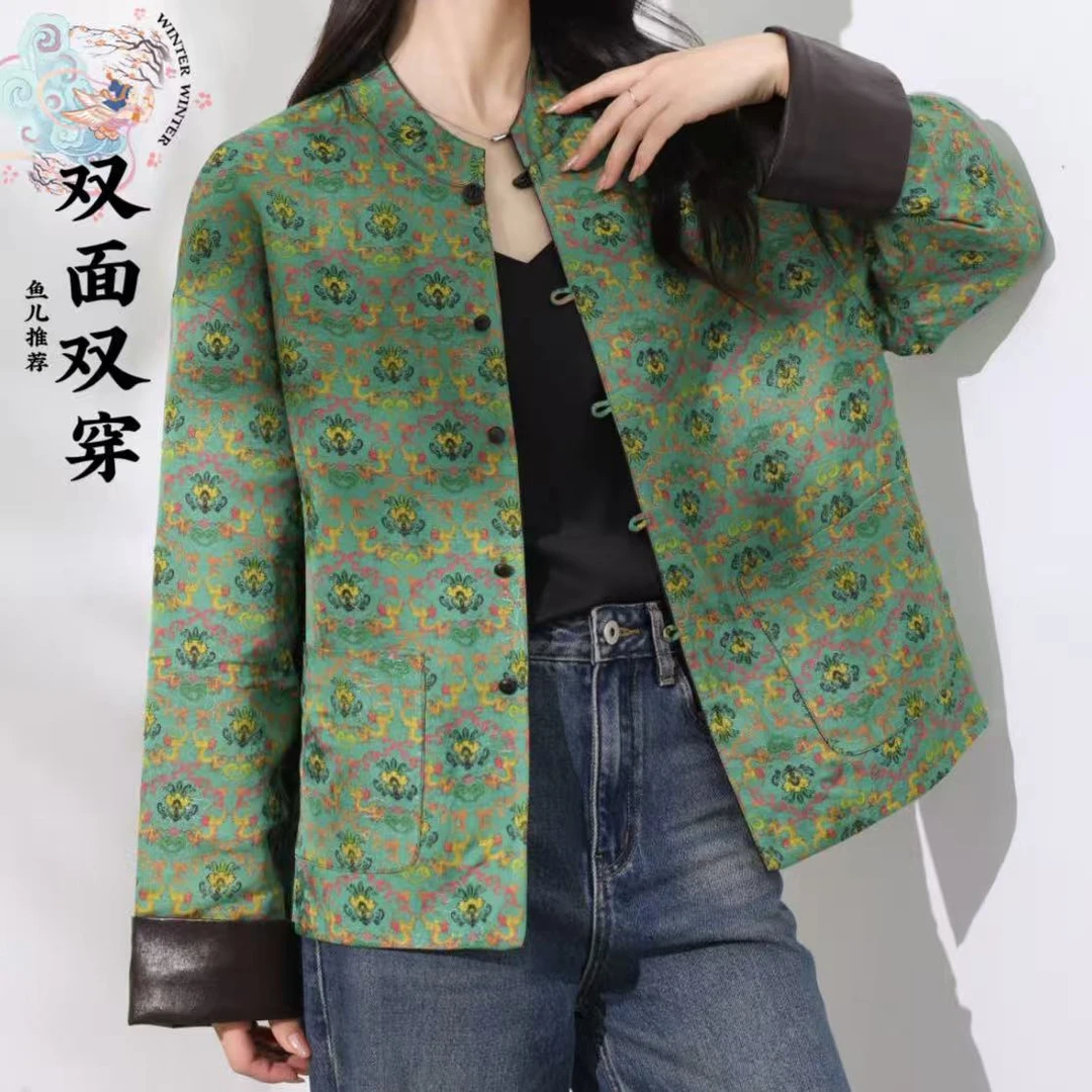 精致提花锻皮革外套·双面穿时尚高档女夹克Y5801