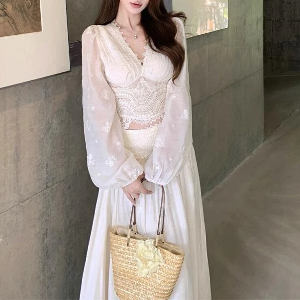 实体档口蕾丝拼接气质v领长袖衬衫女度假风套装高腰半身裙两件套
