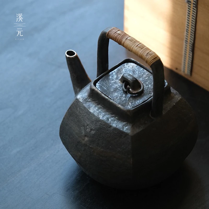 观一优选 | 溪元茶事·百川四方提梁壶复古黑色纯手工粗陶