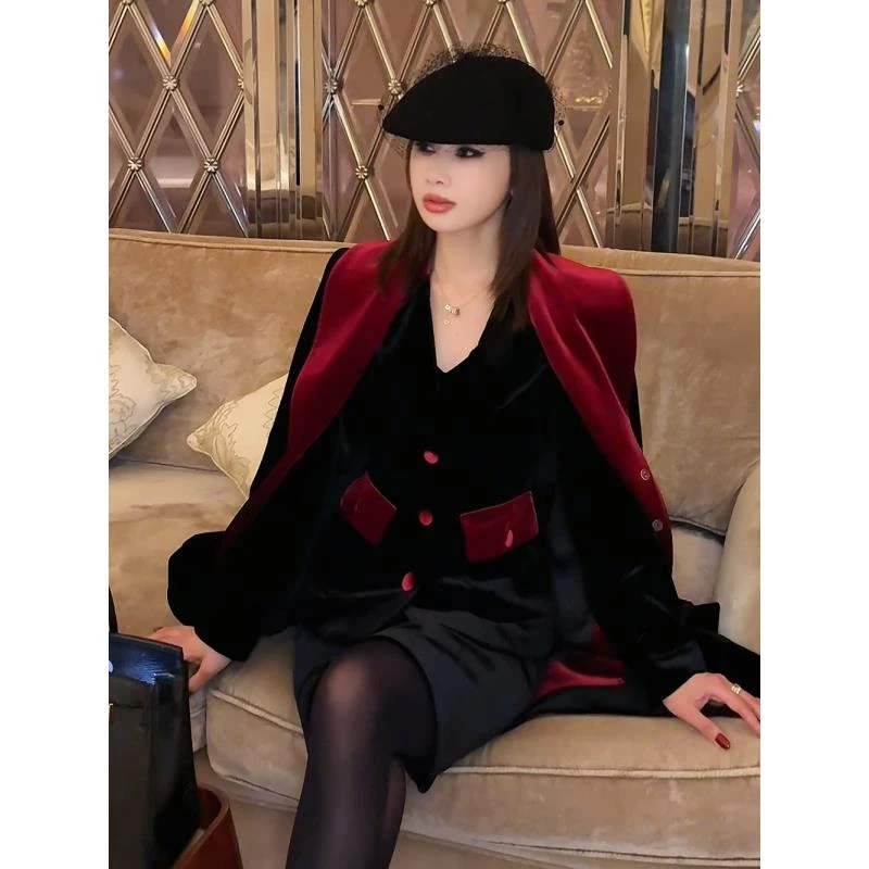 LUXURYMEMO【鸿运当头】气质减龄撞色安格拉红拼接醋酸大衣