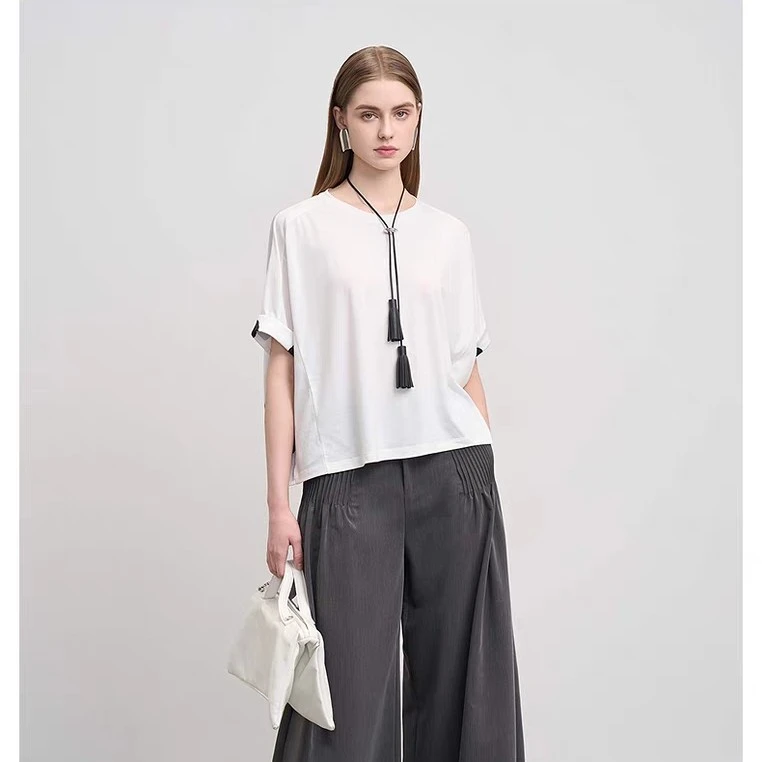 【复古波点】sdeer圣迪奥新品女波点拼接卷边短袖T恤S252Z0104