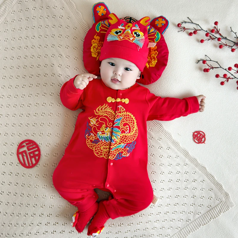 秋季新款婴儿长袖哈衣满月百天周岁连体衣纯棉红色中国风衣服5396
