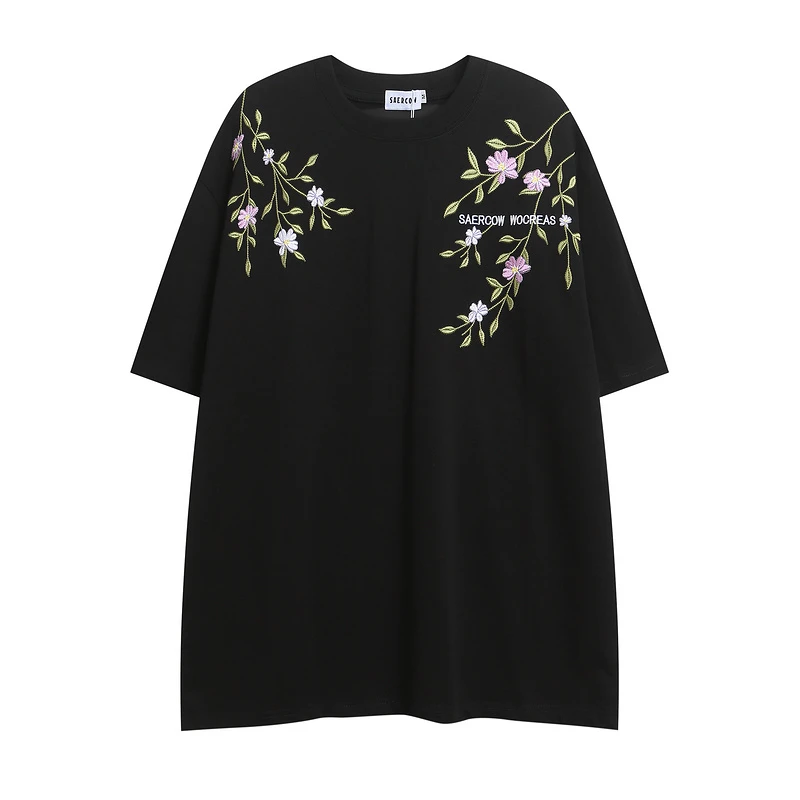 美式复古潮流休闲宽松花卉字母刺绣圆领短袖T恤欧美街头中性风短t