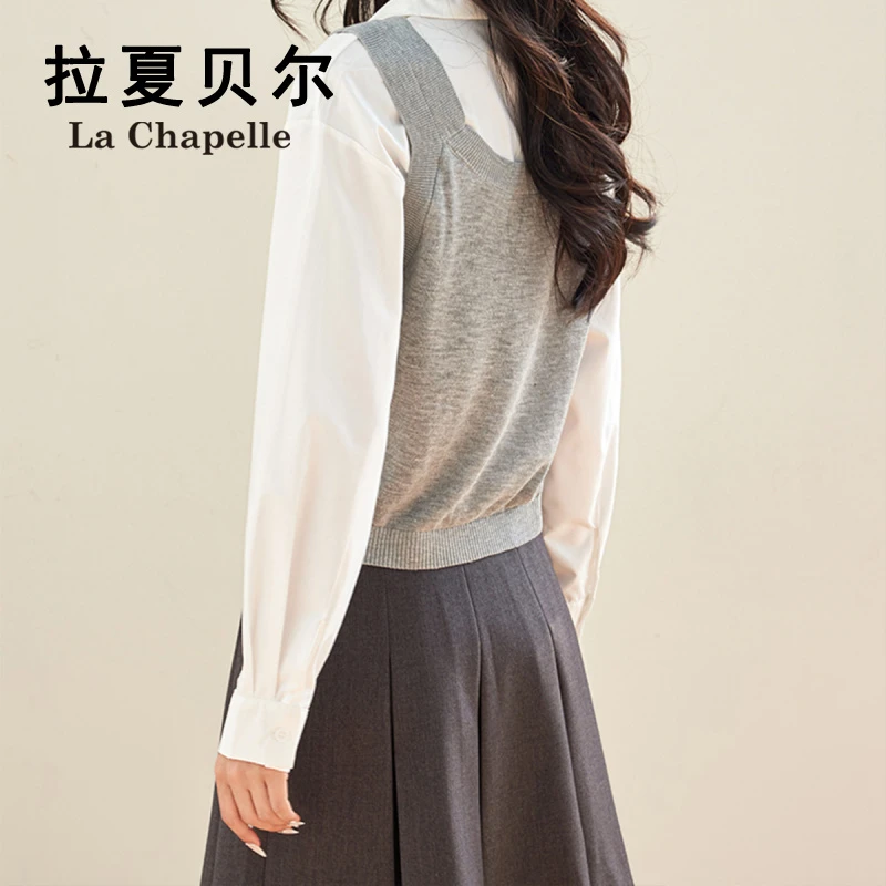 拉夏贝尔洋气假两件拼接针织衫女2025秋季学院风减龄显瘦短款上衣