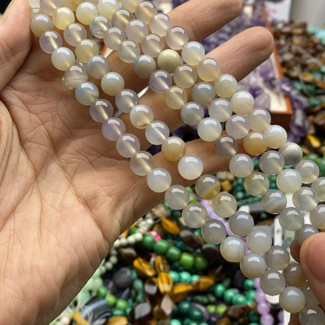 玛瑙/玉髓未镶嵌珠宝半成品一条天然8mm灰白玛瑙E123