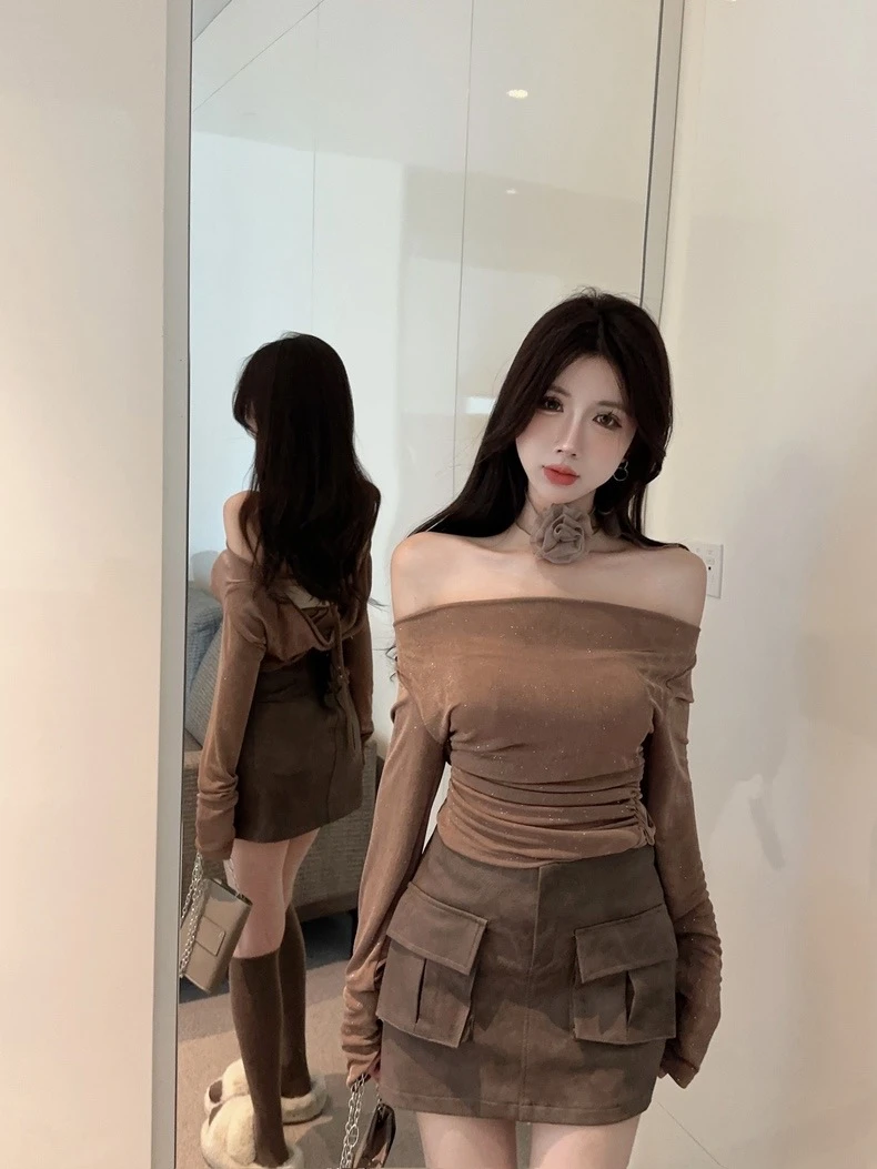 纯欲一字肩褶皱长袖t恤性感辣妹露背女士短款修身显瘦气质百搭T恤