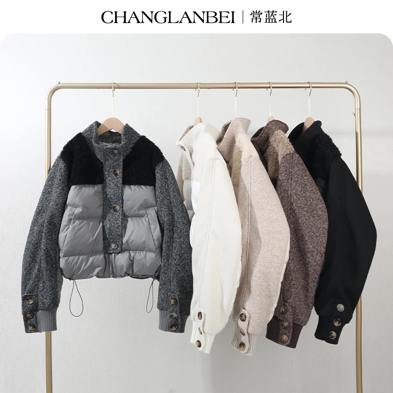 【常蓝北】秋季新款女时尚宽松百搭设计款拼接毛呢羽绒服