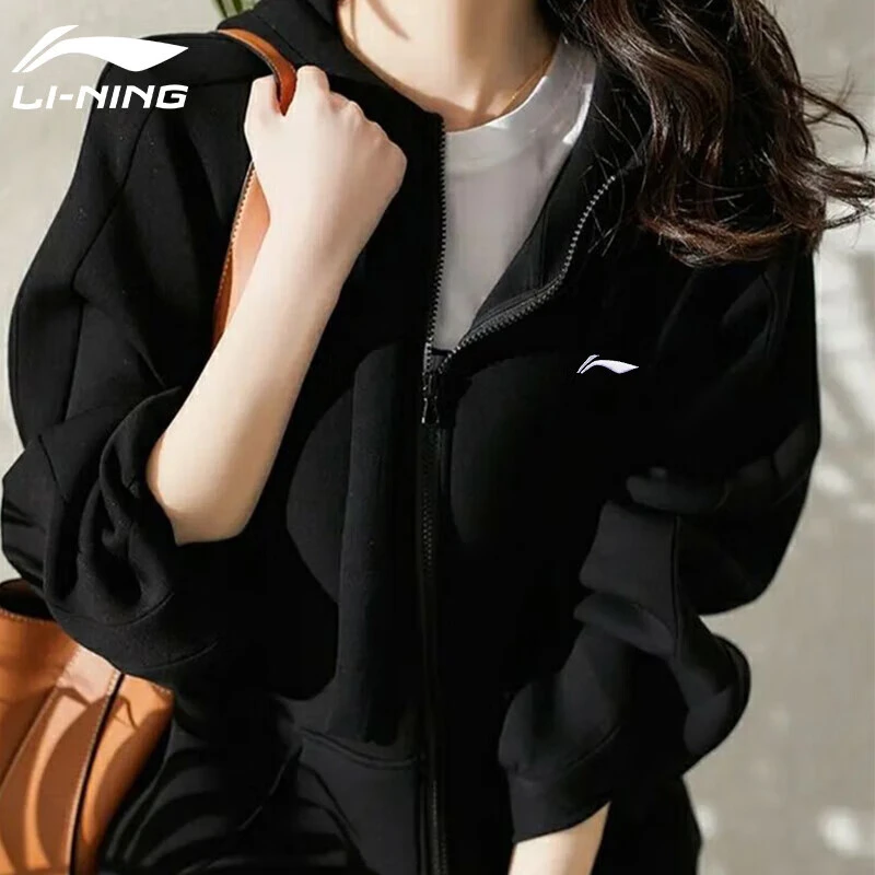 李宁外套女士连帽卫衣运动服上衣休闲ins慵懒风大码宽松针织开衫