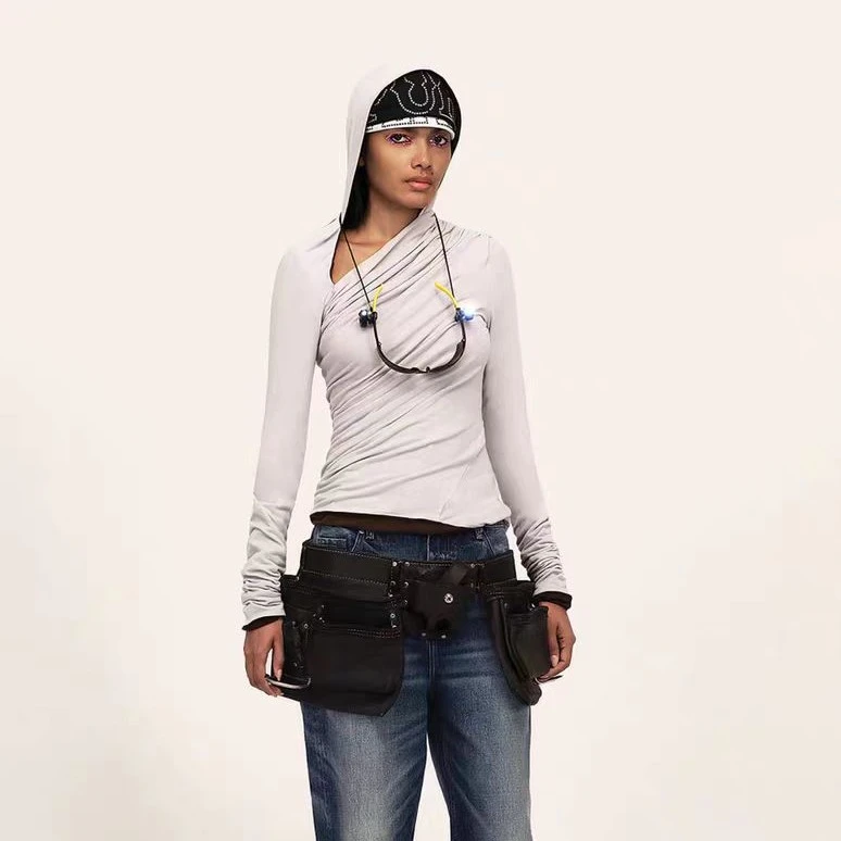 TRINITE*Top 浅紫色&棕色/藏蓝&雾霭蓝双层扭转连帽长袖打底衫